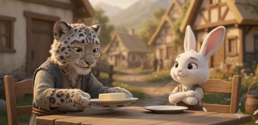 LittleMaster offering butter while Como Bunny listens