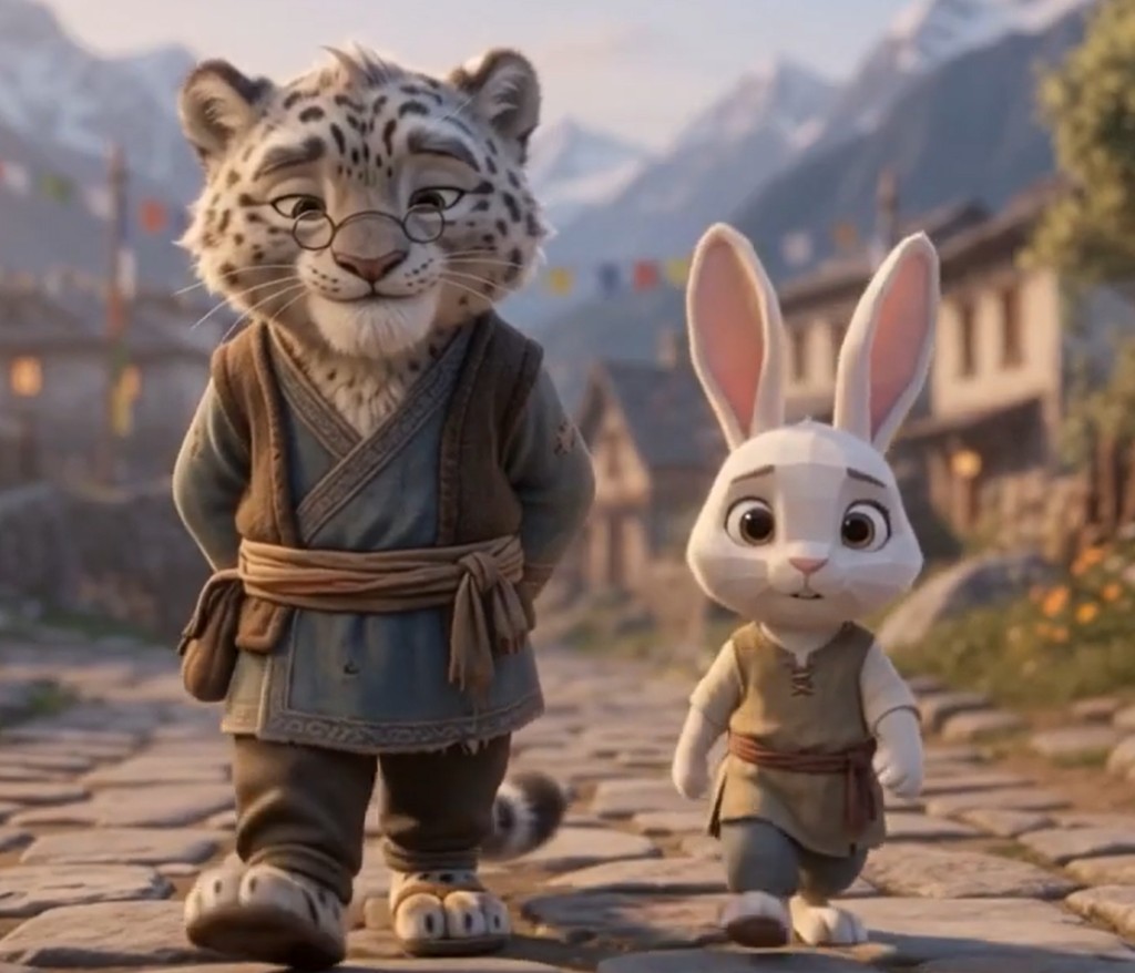 LittleMaster and Como Bunny walking through their mountain village